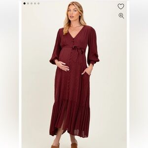 Pink blush maternity Burgundy Swiss Dot Button Down Maternity Maxi Dress